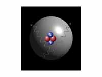 Model of the Schrdinger atom, showing the nucleus with two protons (blue) and two neutrons (red), orbited by two electrons (waves)